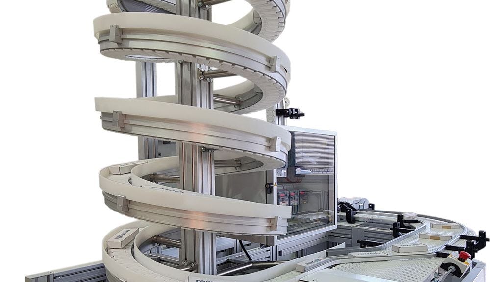Ein Bosch Rexroth VarioFlow Spiralförderer in Aktion, der Produkte schonend und raumeffizient auf verschiedenen Ebenen transportiert. Seine kompakte Struktur nutzt vertikalen Raum optimal aus und demonstriert moderne Automatisierungstechnologie im Einsatz.